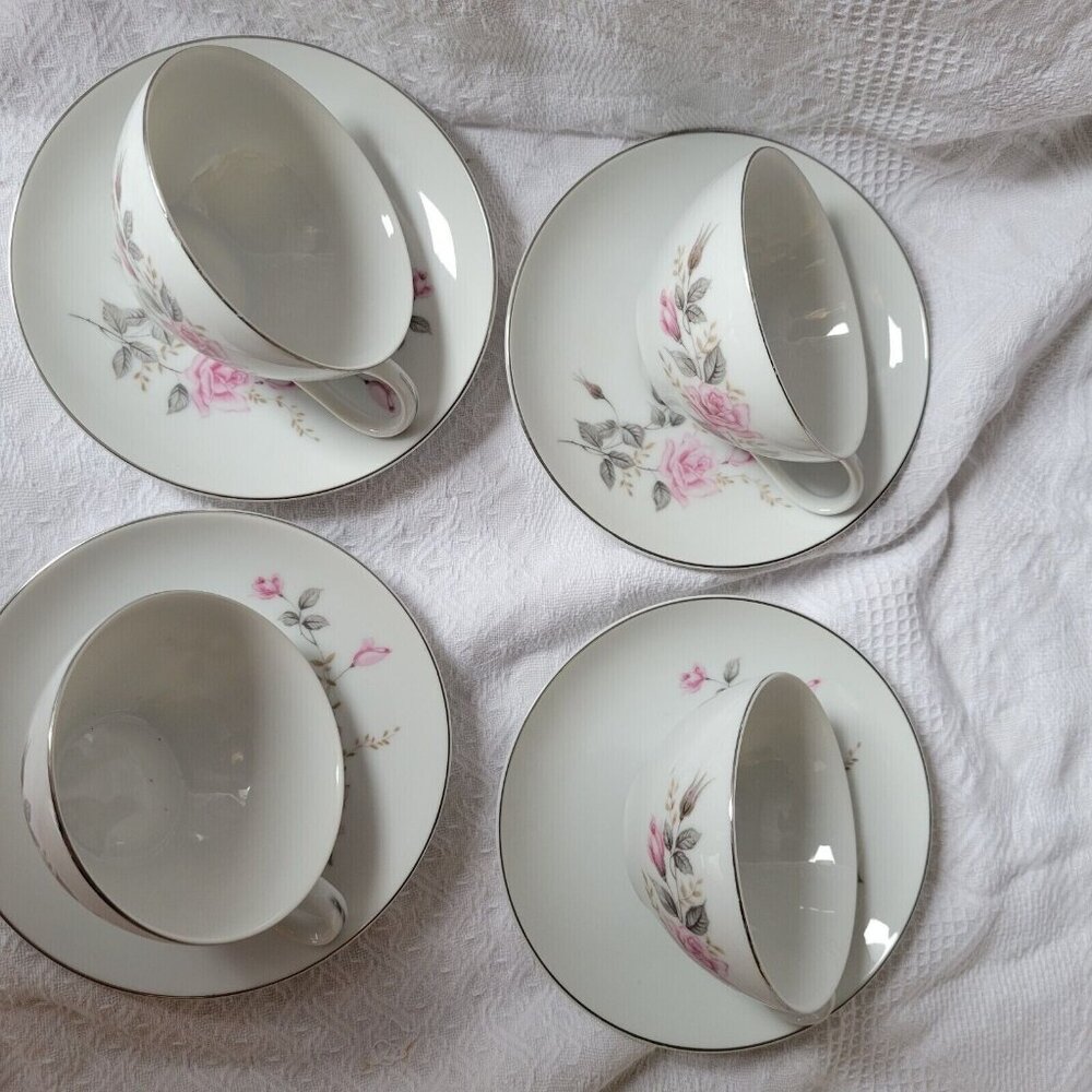 CASTLECOURT Fine China Rose Glow Pattern Cup & Saucer 4 sets